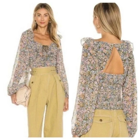 Free People Mable printed blouse top long sleeves floral balloons sleeves crop - Picture 6 of 6